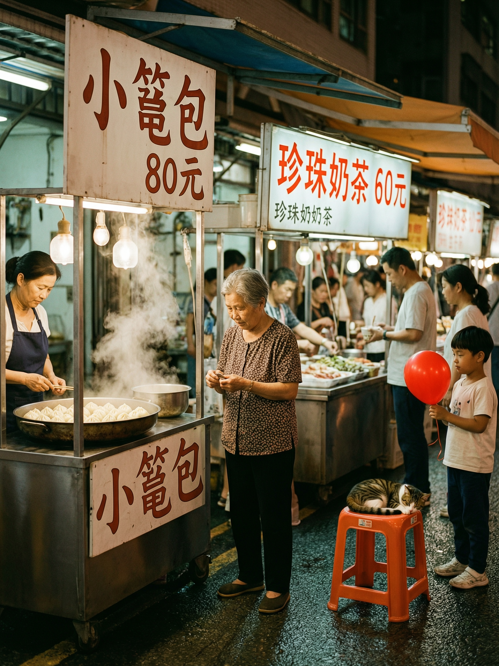 Wan 2.7 Image Pro: Night market with Chinese signs